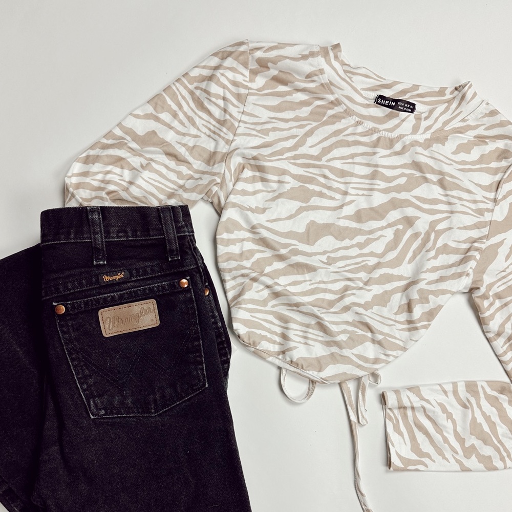 Zebra Tan White Longsleeve Open Back Top